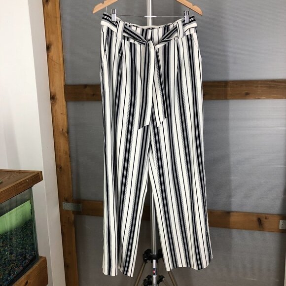 H&m‎ White Black Stripe High Waist Tie Front Wide Leg Pants Sz 10 - Picture 2 of 12